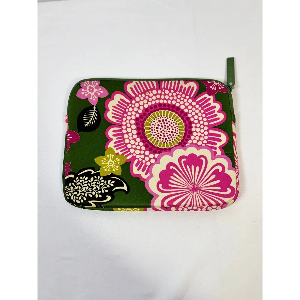 Vera Bradley Green Pink Floral Tablet Laptop Sleeve Tech Case 10x8 Zip Top
